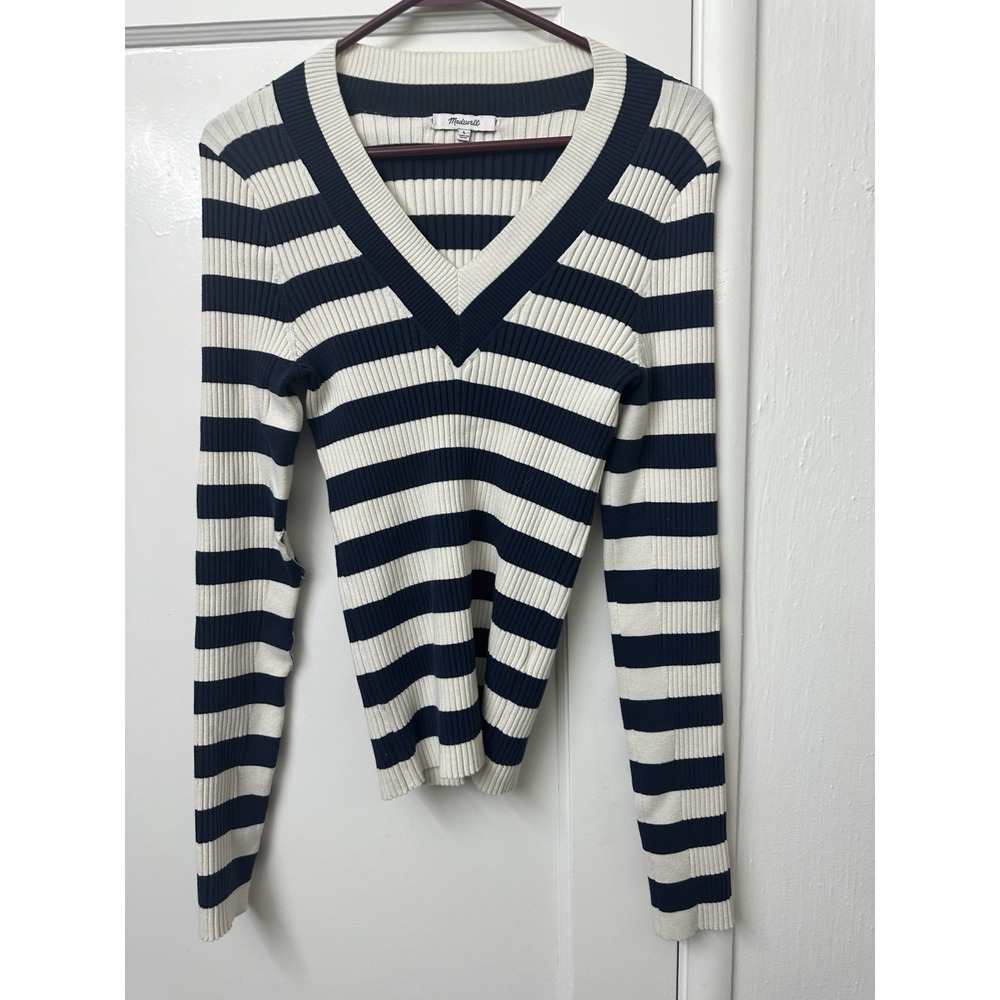 Madewell Navy and Cream Striped Ribbed V-Neck Sweater